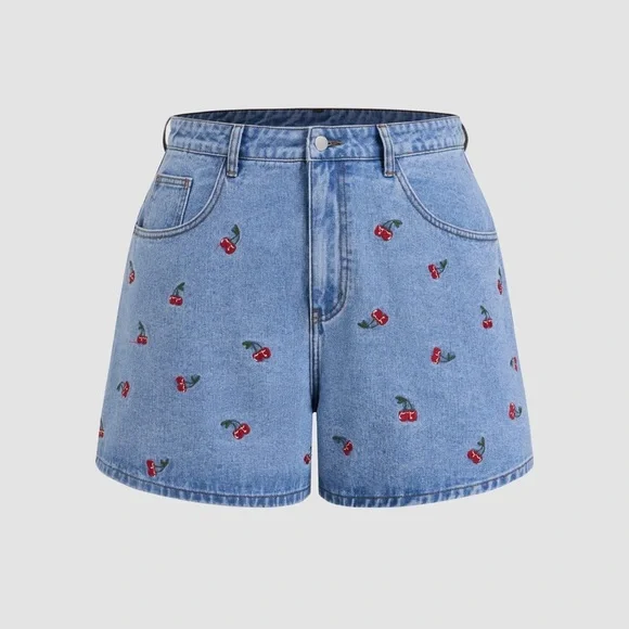 CIDER | Denim Shorts with Cherry Embroidery | Curve & Plus - Picture 6 of 6